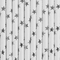 Slamky papierové so strieborrnými hviezdami - biele