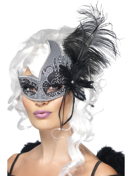 Benátska maska Colombina - čiernostrieborná